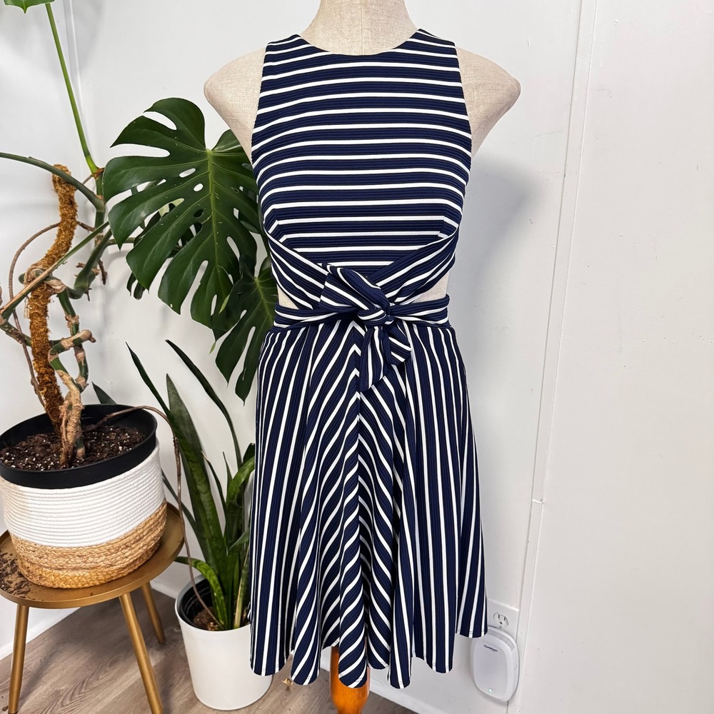 Hutch Cutout Tie Front Striped Dress Womens M Navy Blue White Nautical‎ Summer